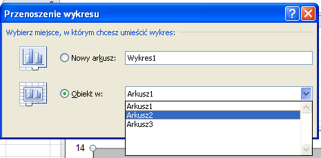 Zostanie wyświetlone okno Przenoszenie wykresu (rys. poniżej), w którym zaznaczamy opcję Nowy arkusz. Znajduje się przy niej pole z sugerowaną nazwą Wykres 1 - nazwę tę możemy zastąpić swoją nazwą.