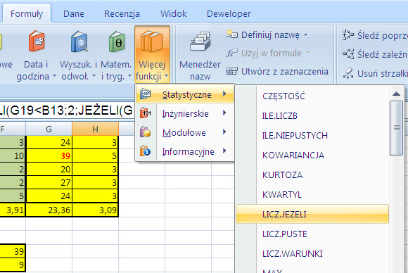 7.2. Włączamy funkcję licz.jeżeli : 7.3. Podajemy następujące argumenty: gdzie H19:H29 to komórki z ocenami, zaś D36 to komórka z napisem 5.