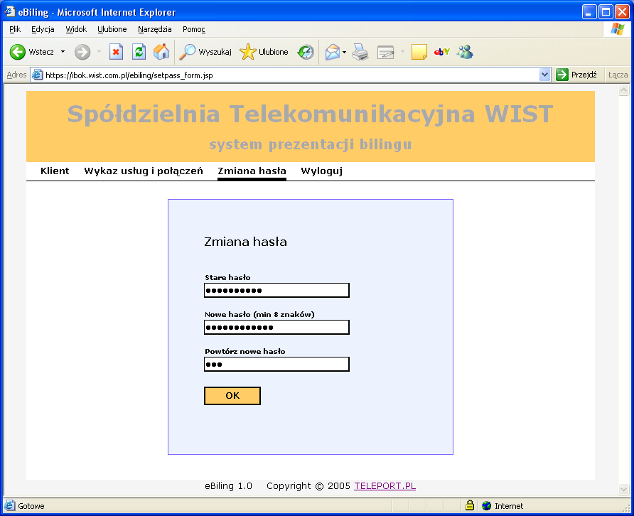 OPIS FUNKCJI 1.4. Zmiana hasła dostępu do aplikacji Opcja umożliwia abonentowi dokonanie zmiany hasła. Nowe hasło musi być inne niż poprzednie i o długości co najmniej 8 znaków.