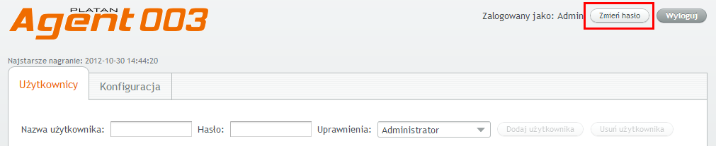 ver. 1.00.xx Agent 003 2. Konto Administrator Konto Administrator posiada uprawnienia do ustawienia połączenia z PBX Serverem Libra oraz do zarządzania użytkownikami systemu Agent 003.