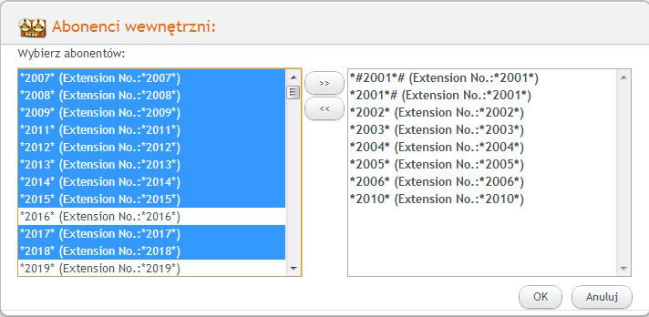 ver. 1.00.xx Agent 003 Abonenci wewnętrzni po wybraniu kryterium abonenci wewnętrzni zostanie wyświetlone okno, w którym za pomocą funkcji Shift lub/i Ctrl można wybrać kilku użytkowników.