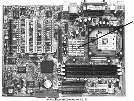 a) kontroler przerwań. b) kontroler DMA c) pamięć stałą ROM d) pamięć Cache 22. Na zdjęciu przedstawiono płytę główną komputera. Strzałką oznaczono a) chip wbudowanej karty graficznej.