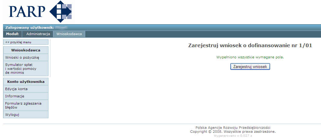 Wygląd Generatora przed dokonaniem rejestracji Wniosku w systemie.