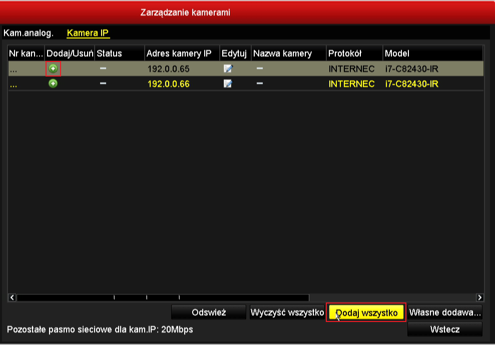 c) Powyższą procedurę należy powtórzyć dla wszystkich kamer z jednakowym adresem IP, z adresem takim samym jak rejestrator oraz z adresem spoza puli adresów rejestratora.