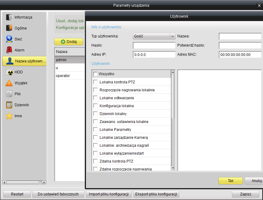 3. Klikamy na Przycisk Dodaj, pokaże się okno Informacji o użytkowniku jak na zdjęciu niżej. 4. Wybieramy Typ użytkownika Gość lub Operator. Wpisujemy dane Nazwę konta, Hasło i Potwierdzamy hasło. 5.