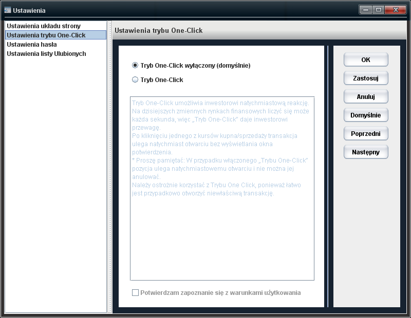 1.5.2 Ustawienia trybu One-Click Ekran pozwala na wybór trybu realizacji transakcji: 1. Zaznacz Tryb One-Click wyłączony lub Tryb One-Click. 2.
