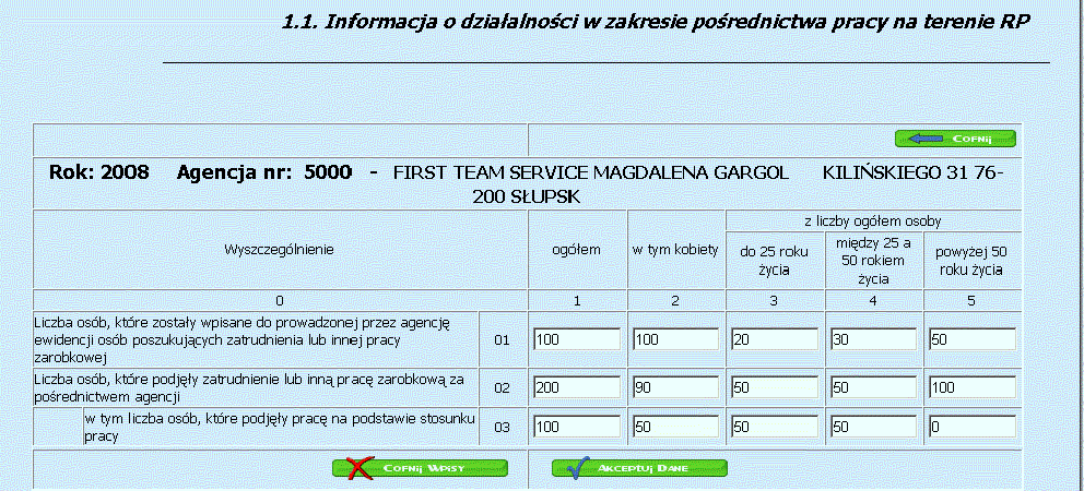 potwierdzić przyciskiem Akceptuj dane, co spowoduje udostępnienie do edycji Rys.11 Okno Sprawozdania część informacyjna wybór dzialalności 5.