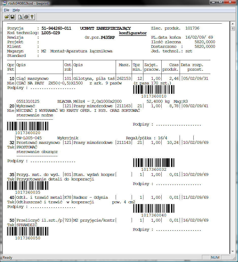 GROMiT1 śledzenie produkcji dla zleceń produkcyjnych tworzonych centralnie, przez system ERP drukowane są karty technologiczne z