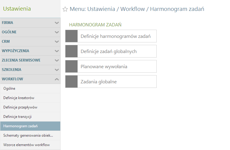Dodanie harmonogramu zadań do definicji zadania następuje w sekcji "Wyzwalanie zadań", poprzez "Nowy (Definicja harmonogramu)".