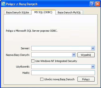 Połączenie z bazą danych Z rozwijanego menu Plik wybierz Połącz z bazą Pojawi się okno bazy danych Aby połączyć z Microsoft SQL Server poprzez ODBC,