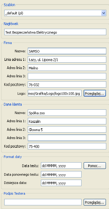 Z poziomu tego okna możemy dostosować certyfikat do swoich potrzeb uzupełniając takie dane jak dane instytucji wykonującej test, dane klienta.