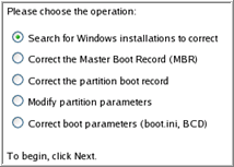 3. W menu uruchomienia Linux wybierz Boot Corrector. Znajdziesz go również w PTS DOS. 4. Na stronie powitalnej kreatora, wybierz opcję Search for Windows installations to correct. 5.