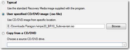 5. Wybierz opcję User specified CD/DVD image (.iso file), a następnie obraz ISO środowiska ratunkowego WinPE 2.1 lub ręcznie podaj do niego pełną ścieżkę.