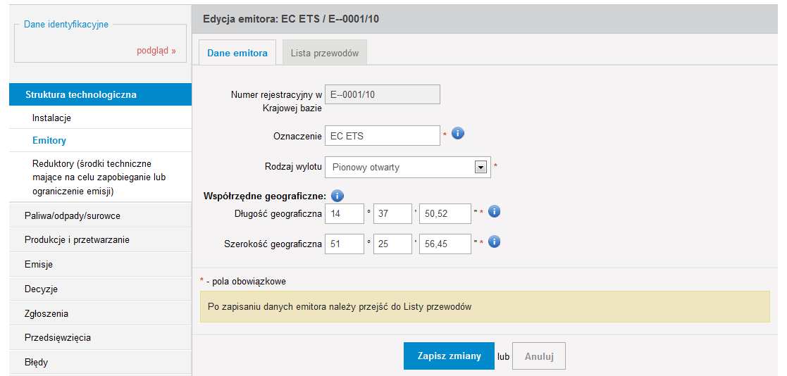 Po uzupełnieniu formularza należy kliknąć na przycisk Zapisz zmiany. W celu WPROWADZENIA DANYCH O NOWYM EMITORZE należy nacisnąć przycisk Dodaj emitor zlokalizowany z prawej strony ekranu.