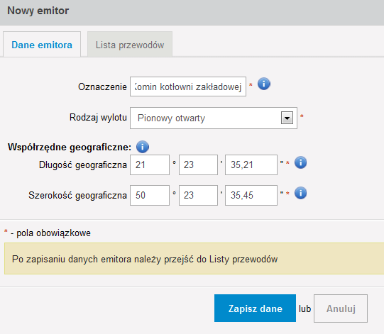 W przypadku, gdy w polu Rodzaj wylotu wybrano pozycję Pionowy otwarty formularz emitora przyjmie poniższą formę: Po uzupełnieniu podstawowych