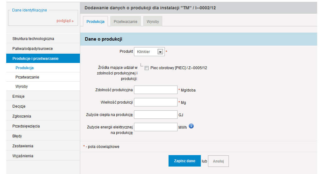 Po wyświetleniu się okna widocznego poniżej, należy wybrać w polu Produkt z listy rozwijanej produkt jaki wytwarzany jest w danej instalacji.