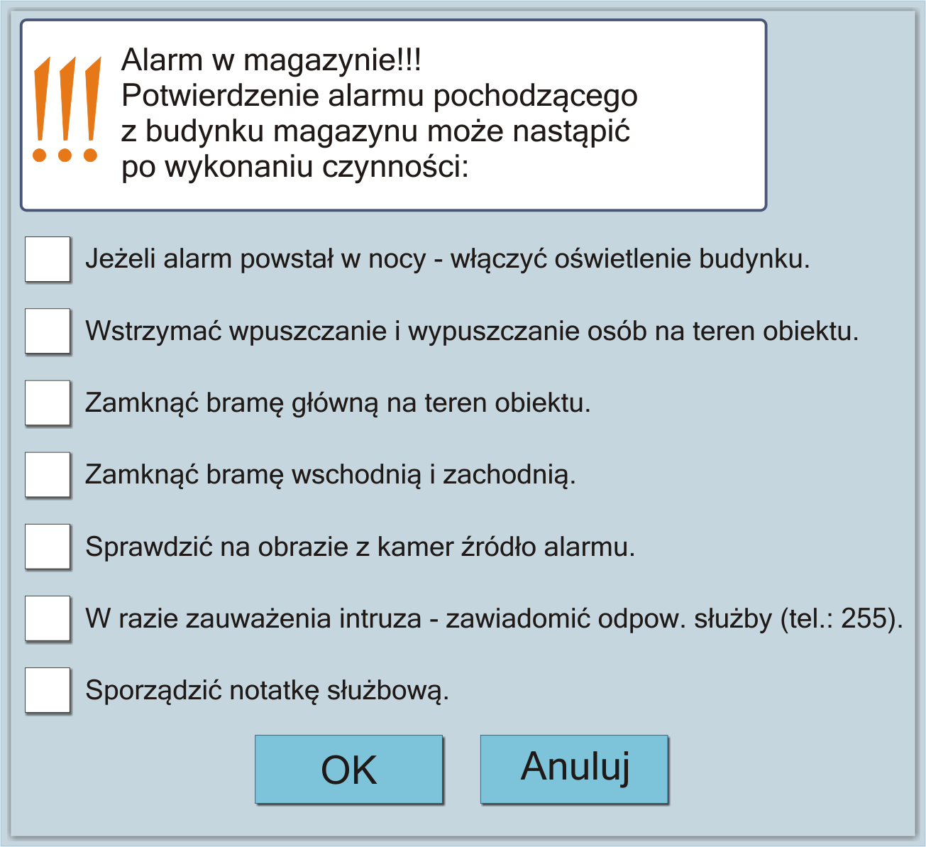 Zadania alarmowe Zadania alarmowe pomagają operatorowi zapanować nad stresem w czasie wystąpienia alarmu. Każdemu z zadań towarzyszy opis czynności, jakie należy podjąć.