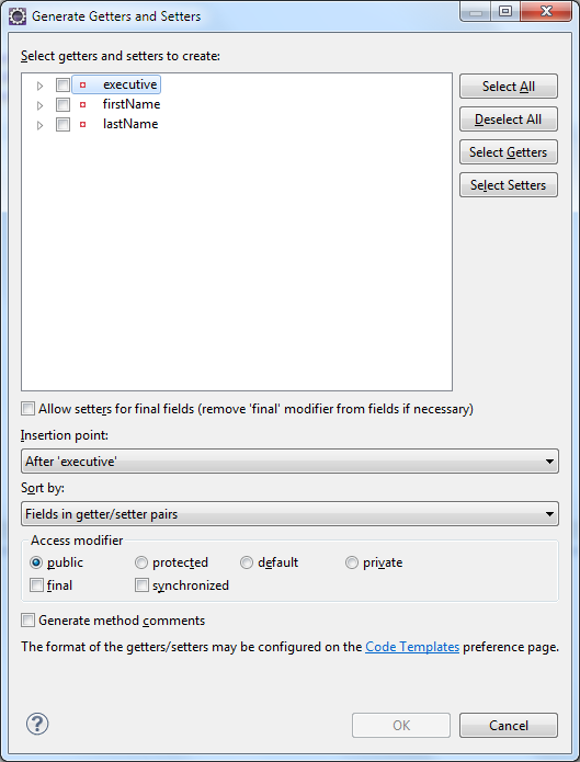Eclipse szybkie tworzenie get i set W menu kontekstowym wybrać Source/Generate Getters and Setters