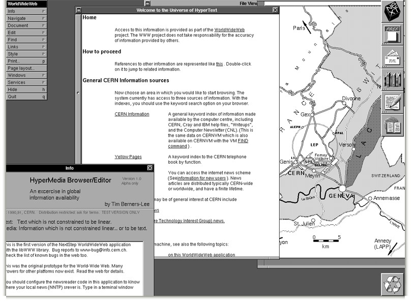 Prehistoria WWW Pierwszy serwer i przeglądarka działa na komputerach NeXTStep, "WorldWideWeb" został udostępniony w sieci CERN w