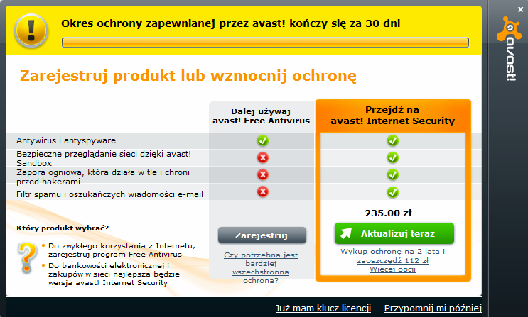Konfiguracja programu Avast Free 1. Wygląd panelu sterowania programu, program oczekuje jeszcze na zarejestrowanie 2.