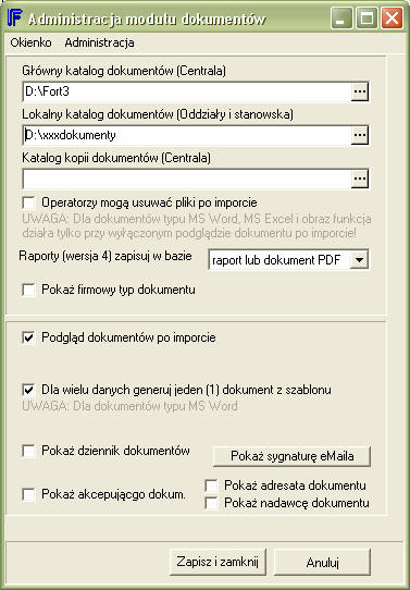 - gdzie będą przechowywane dokumenty z centrali (katalog głowny) - katalog lokalny ustalamy jeżeli użytkownik nie ma dostępu do katalogu firmowego - w którym katalogu będziemy przechowywać kopie