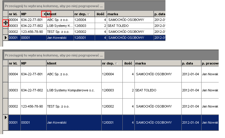 19 Wyszukiwanie (filtrowanie) Aby wyszukać (zafiltrować) dane w liście należy wpisać dane w pole edycyjne umieszczone nad listą i nacisnąć ENTER.