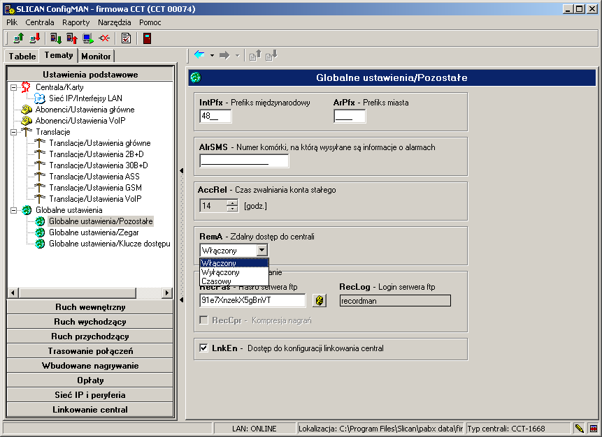 1.3 Połączenie centrali z komputerem (zdalnie) Konfiguracja ustawień globalnych - zdalne zarządzanie centralą Zdalne zarządzanie centralą może być realizowane z wykorzystaniem połączenia modemowego