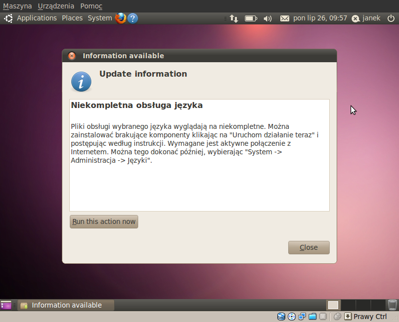 26 2. Instalacja i konfiguracja Ubuntu 10.04 LTS - możemy zrobić to z menu: System Administration Language Support. Rysunek 2.