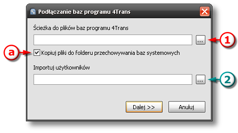 14 Instalacja 4Trans, TachoScan, GBOX starszych od wersji 3.0.1, o ile wcześniej ci użytkownicy zostali wyeksportowani. Rys.3. Wskazanie lokalizacji plików bazy danych.