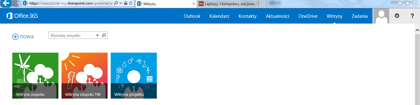 Na górnej belce widoczne jest także łącze o nazwie Witryny (jeśli szerokość ekranu na to nie pozwala łącze będzie widoczne w podmenu przycisku oznaczonego trzema kropkami) Uczestnik/uczestniczka