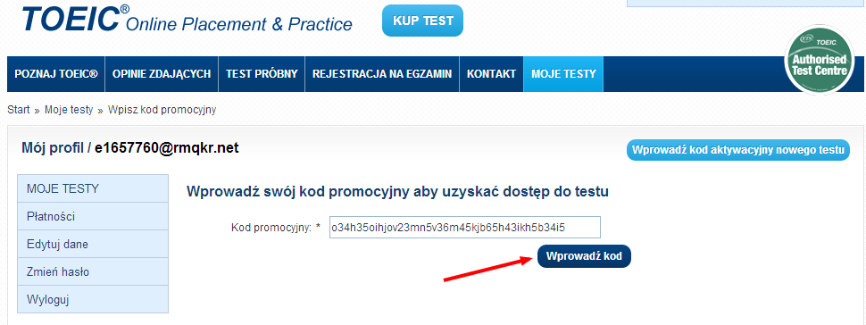 W celu uzyskania dostępu do pełnego, próbnego testu TOEIC Listening & Reading proszę kliknąć w przycisk Wprowadź kod aktywacyjny nowego testu.