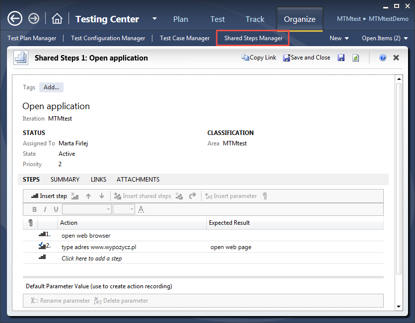 Wspódzielone kroki testowe (Shared steps) Powtarzalna część wielu przypadków testowych Edycja współdzielonego