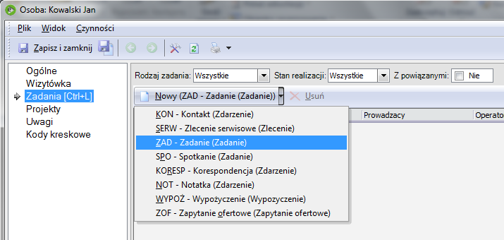 Rysunek 14 Dodawanie aktywności z poziomu wizytówki. Zakładka Projekty Zakładka ta zawiera informacje na temat projektów, których prowadzącym jest dana osoba kontaktowa.