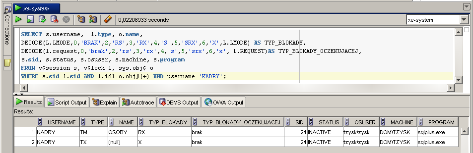 19. WSPÓŁBIEŻNOŚĆ W SYSTEMIE ORACLE - 103 - Przykład 19.4.1. Przykład składni SELECT wyświetlającej informacje o założonych blokadach: SELECT s.username, l.type, o.name, DECODE(L.