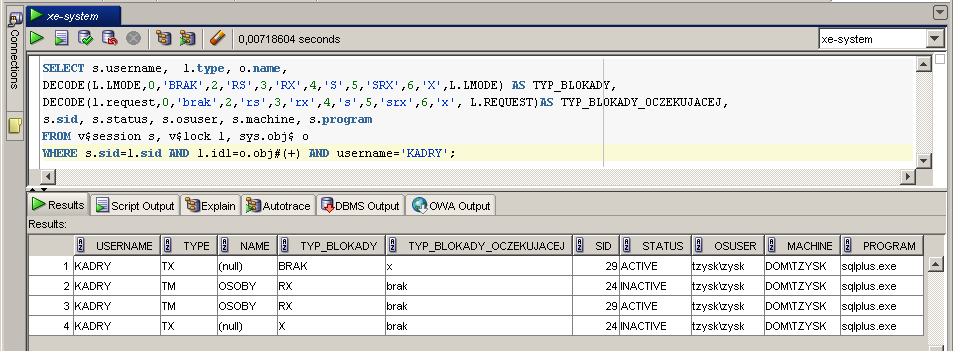 19. WSPÓŁBIEŻNOŚĆ W SYSTEMIE ORACLE - 104 - Sesja administratora (wystarczy CONNECT system/test@xe): SQL> select z przykładu 19.4.1 19.5.