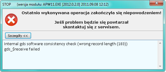 NAPRAWA USZKODZONEJ BAZY INTERBASE/FIREBIRD W przypadku, gdy podczas pracy programu KS-APTEKA Windows pojawiają się błędy jak na rysunku 1, (takie błędy w szczegółach zaczynają się od słów: internal