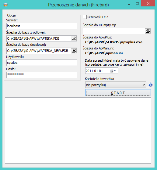 Rys. 9. Okno programu IBPack.exe W pliku IBPack.ini znajdują się opcje programu. W sekcji [Nie kopiuj] znajdują się tabele, które mają być pominięte przez program.