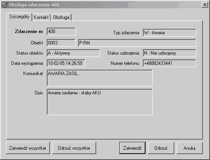 30 Stacja monitorowania MSR-1 wraz oprogramowaniem MSR Manager Zdarzenia typu: ALARM, AWARIA, BRAK TESTU wymagaja obsługi przez operatora (zatwierdzenia), podwójne klikniecie na zdarzenie otwiera