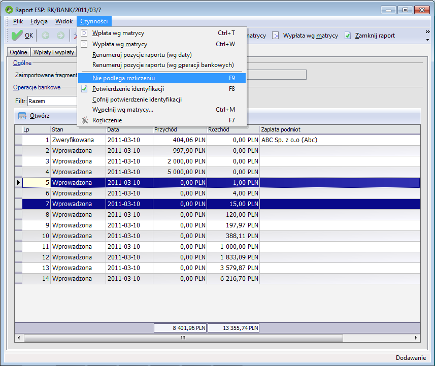 Jeśli na wyciągu bankowym znajdują się operacje, które nie będą podlegać rozliczeniu np. prowizje, wpłaty własne należy odznaczyć na nich parametr Podlega rozliczeniu.