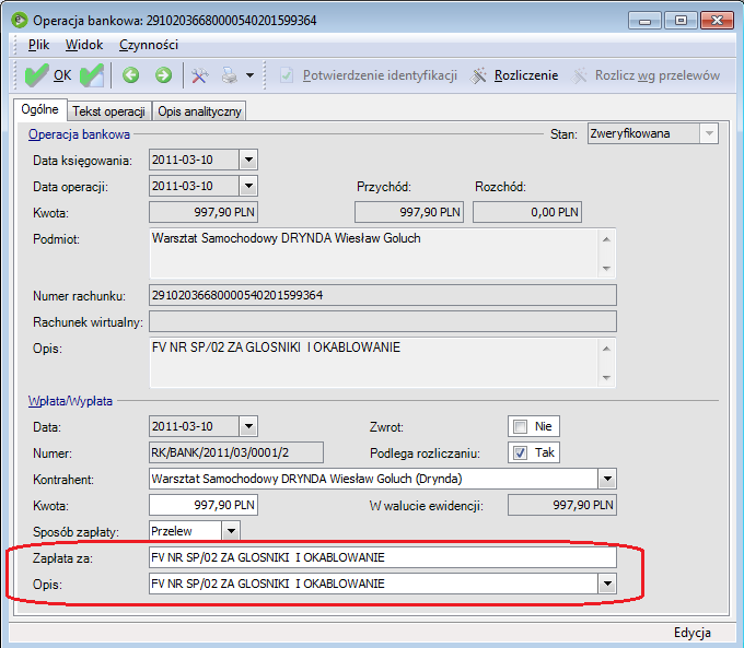 Po zaznaczeniu parametru Kopiuj pole opis z operacji bankowej do pola numery dokumentów na wpłacie / wypłacie zostanie skopiowany cały