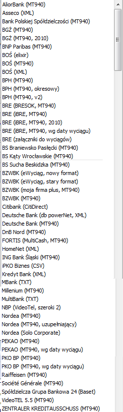 Dostępne filtry importu w enova: Lista aktualnych