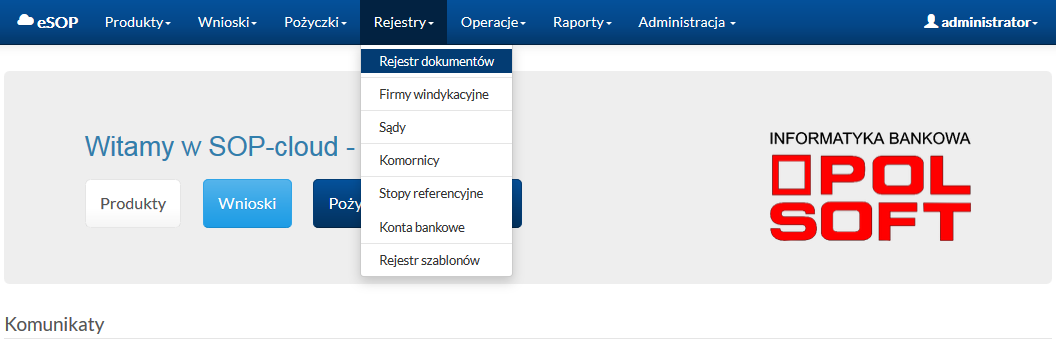 1. Rejestr dokumentów W menu Rejestry pierwsza z pozycji to Rejestr dokumentów.