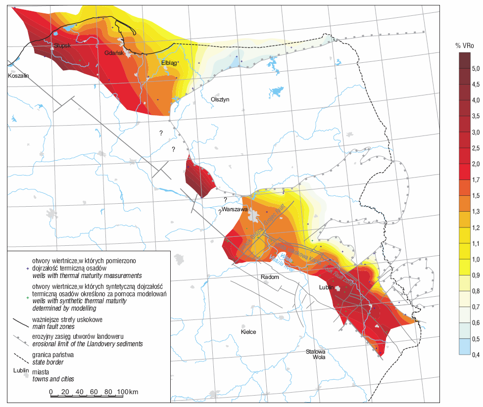 OBSZARY WYSTĘPOWANIA DOLNOPALEOZOICZNYCH ŁUPKÓW W POLSCE MAPA DOJRZAŁOŚCI TERMICZNEJ