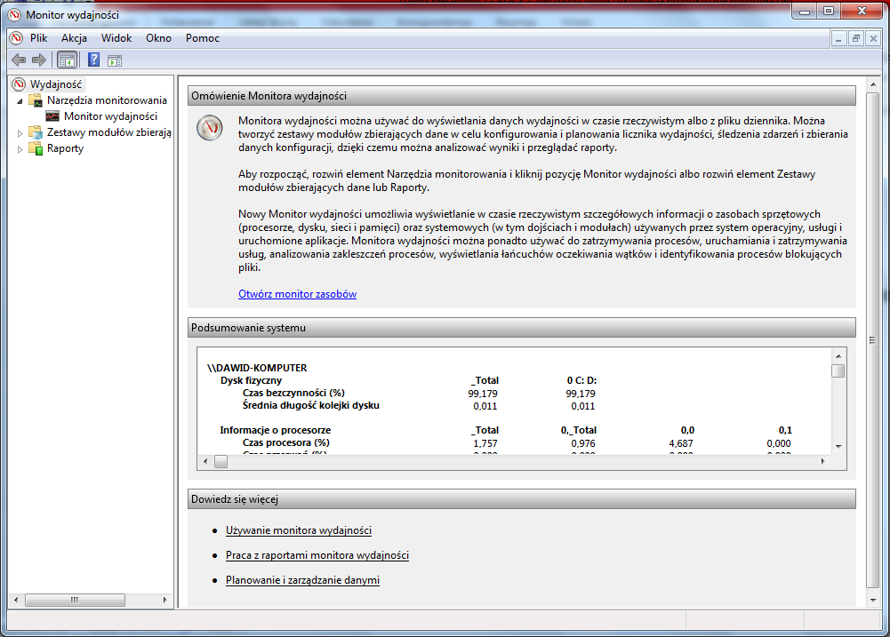 Monitor wydajności Pozwala sprawdzić, jak radzą sobie poszczególne podzespoły komputera. Mimo że Windows 7 radzi sobie lepiej niż jego poprzednicy, to nadal stosuje się monitor wydajności.