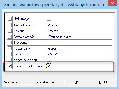 W bazach zaktualizowanych do Sage Symfonia Handel, pole Podatnik VAT czynny jest automatycznie włączane dla kontrahentów spełniających poniższe warunki: w polu kraj wybrana wartość PL, w polu NIP