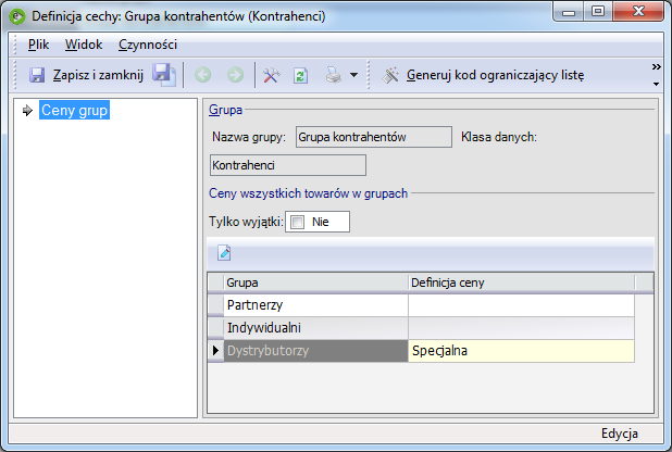 4.4 Grupowa grupy towarowej Cena grupowa grupy towarowej oznacza, że przypisujemy rodzaj ceny na grupę towarów dla grupy kontrahentów.