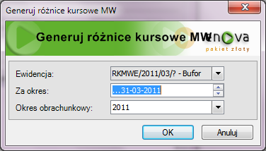 8 Różnice kursowe od własnych środków pieniężnych (Różnice kursowe MW) W ewidencji dokumentów wybieramy Nowy (Różnice kursowe MW).