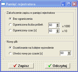 Pamięć rejestratora Okienko to wykorzystywane jest,gdy wybrano tryb rejestracji próbek na pendrive lub w nie ulotnej pamięci rejestratora ( patrz menu