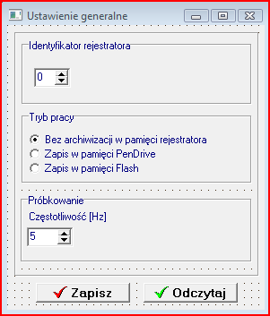 Ustawienia. Zawiera zestaw okienek dialogowych umożliwiających dokonanie nastaw rejestratora. Ustawienia generalne.