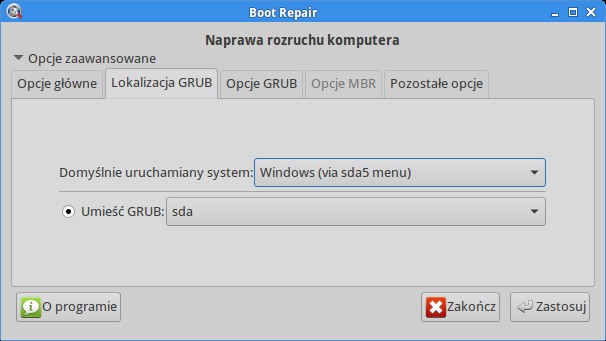 Zmieniamy istniejący tam wpis na MS-Windows, w ten sposób uzyskamy zamierzony efekt. Pamiętajmy, aby na końcu wykonać : ZASTOSUJ. Tylko wówczas zmiany zostaną zapisane na dysku.